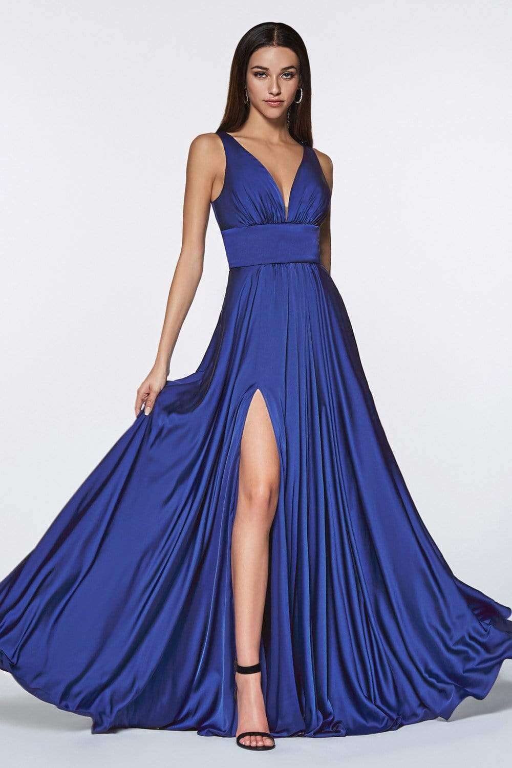 Cinderella Divine - 7469 V Neck High Slit Satin Flowy A-Line Dress - view 11