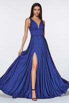 Cinderella Divine - 7469 V Neck High Slit Satin Flowy A-Line Dress - view 11
