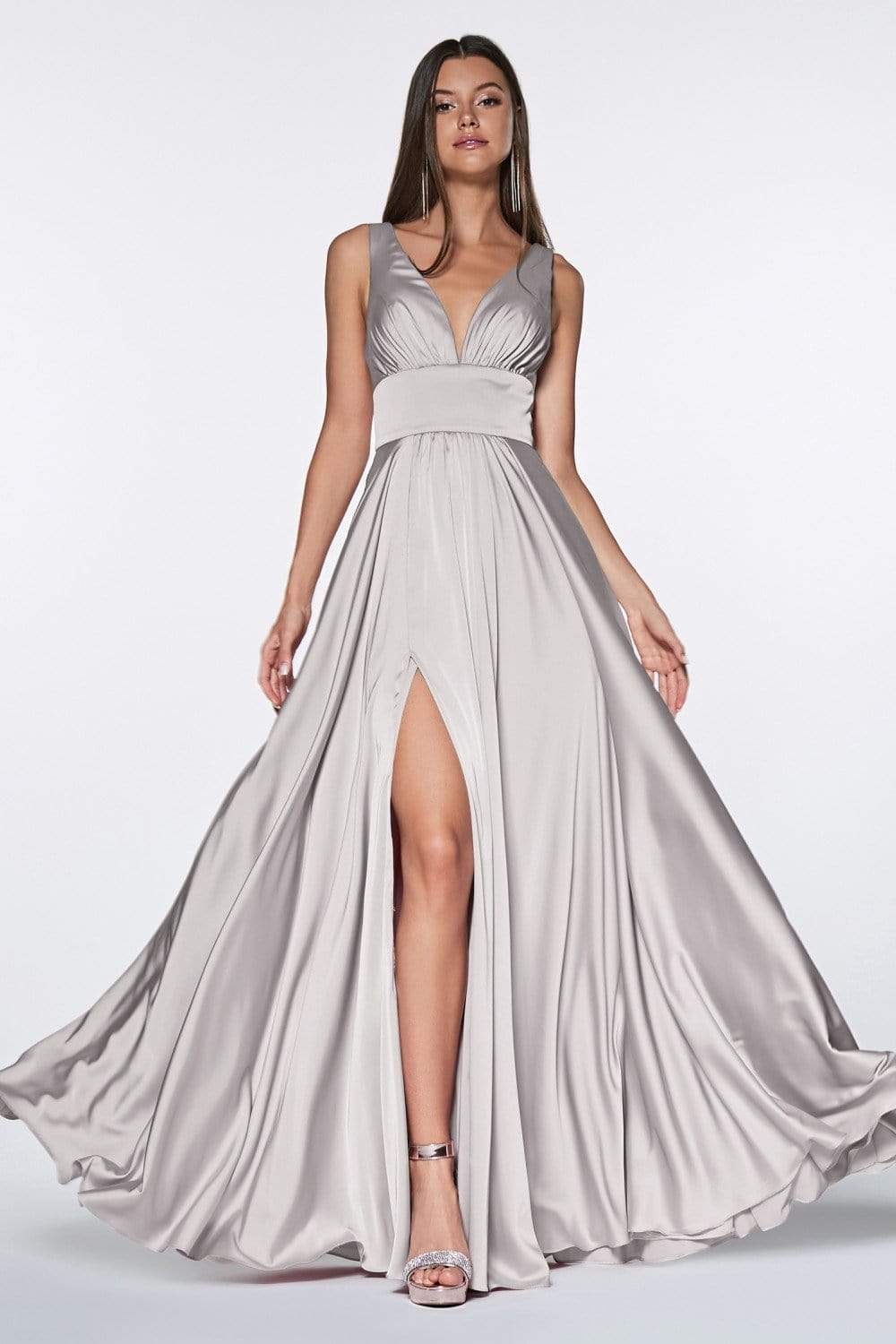 Cinderella Divine - 7469 V Neck High Slit Satin Flowy A-Line Dress - view 12