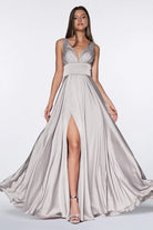 Cinderella Divine - 7469 V Neck High Slit Satin Flowy A-Line Dress - view 12