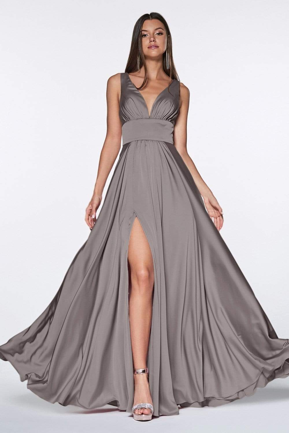 Cinderella Divine - 7469 V Neck High Slit Satin Flowy A-Line Dress - view 13