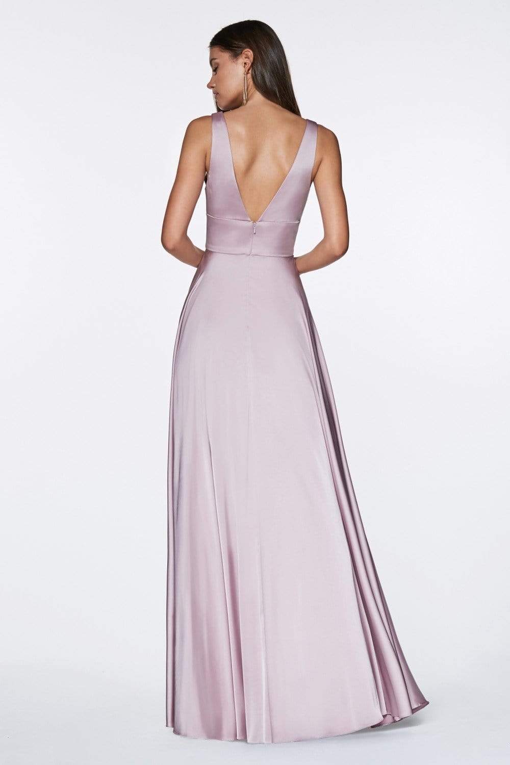 Cinderella Divine - 7469 V Neck High Slit Satin Flowy A-Line Dress - back view