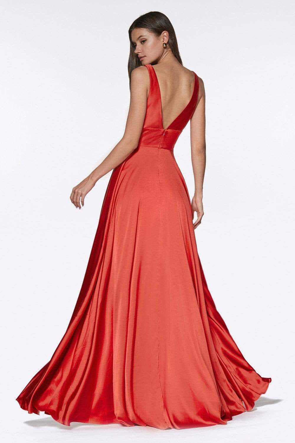 Cinderella Divine - 7469 V Neck High Slit Satin Flowy A-Line Dress - view 10