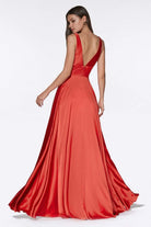 Cinderella Divine - 7469 V Neck High Slit Satin Flowy A-Line Dress - view 10