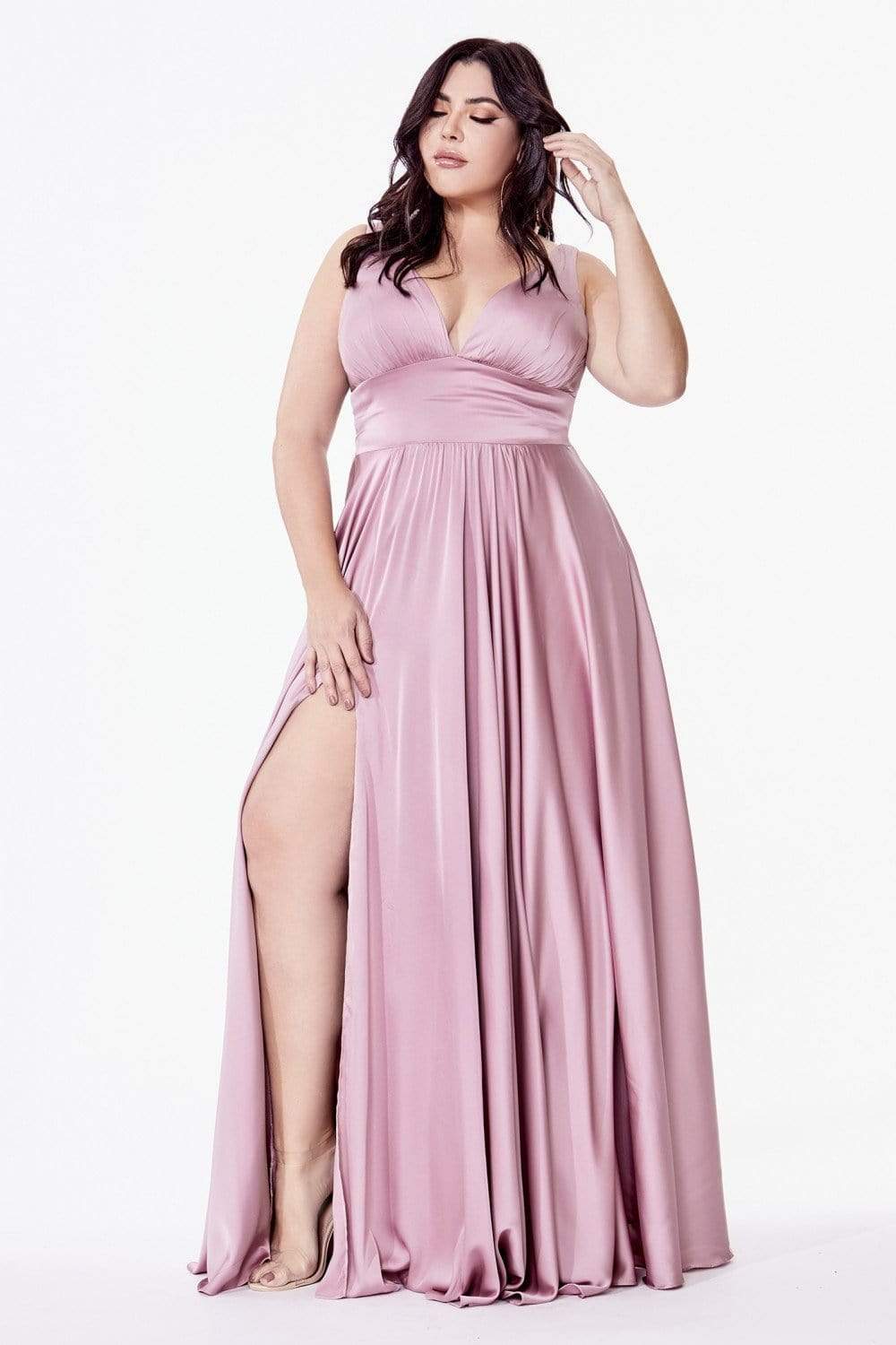 Cinderella Divine - 7469 V Neck High Slit Satin Flowy A-Line Dress - detail view