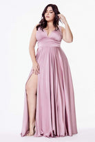 Cinderella Divine - 7469 V Neck High Slit Satin Flowy A-Line Dress - detail view