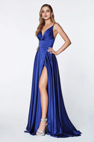 Cinderella Divine - 7472 Spaghetti Straps V Neck Wrap Satin Gown