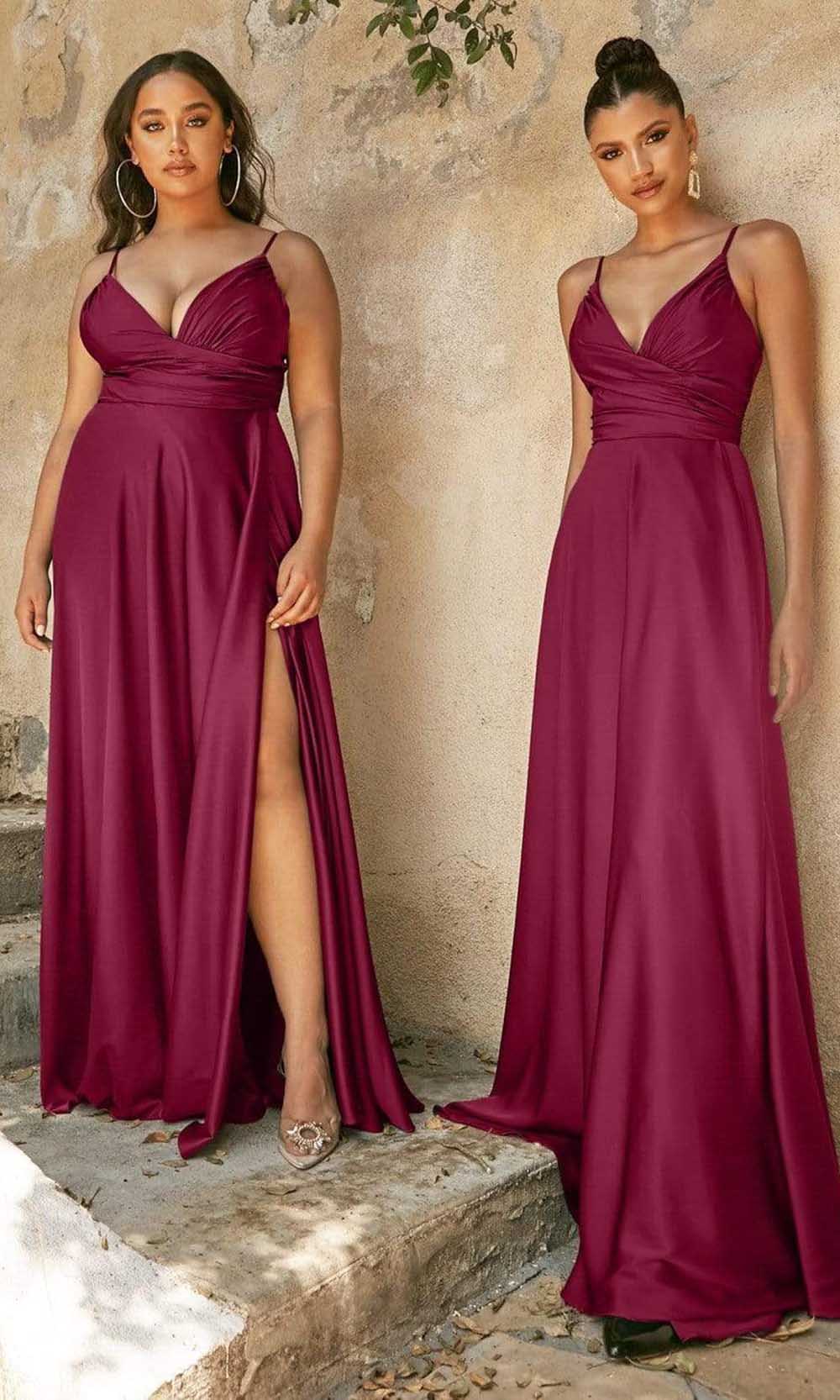 Cinderella Divine - 7485C Spaghetti Strap High Slit Gown - back view