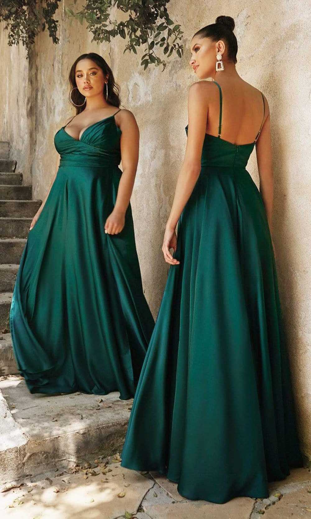 Cinderella Divine - 7485C Spaghetti Strap High Slit Gown - detail view