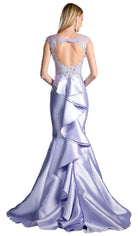 Cinderella Divine - 8984A Cap Sleeve Appliqued Plunging Illusion Gown