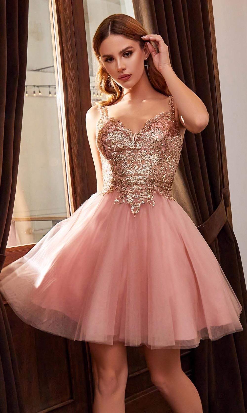 Cinderella Divine - 9239 Embellished V Neck A-line Dress - detail view