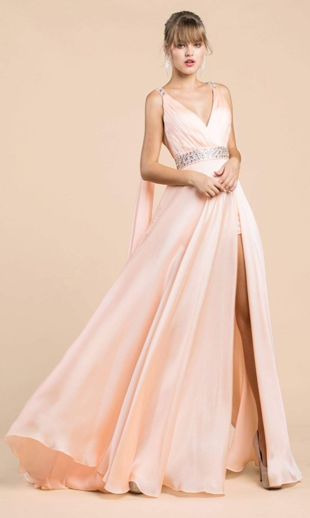 Cinderella Divine - A0065 Satin High Slit Caped Evening Gown - detail view