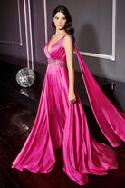 Cinderella Divine - A0065 Satin High Slit Caped Evening Gown - view 7
