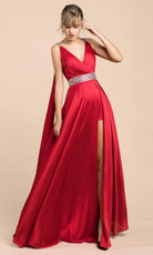 Cinderella Divine - A0065 Satin High Slit Caped Evening Gown - view 9