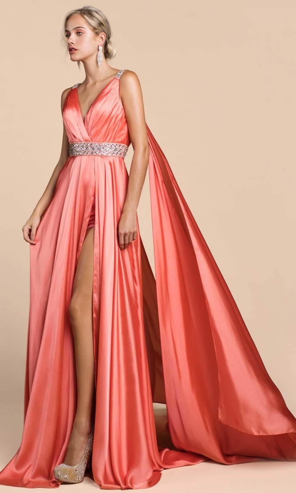 Cinderella Divine - A0065 Satin High Slit Caped Evening Gown - view 5