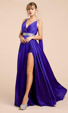 Cinderella Divine - A0065 Satin High Slit Caped Evening Gown - view 13