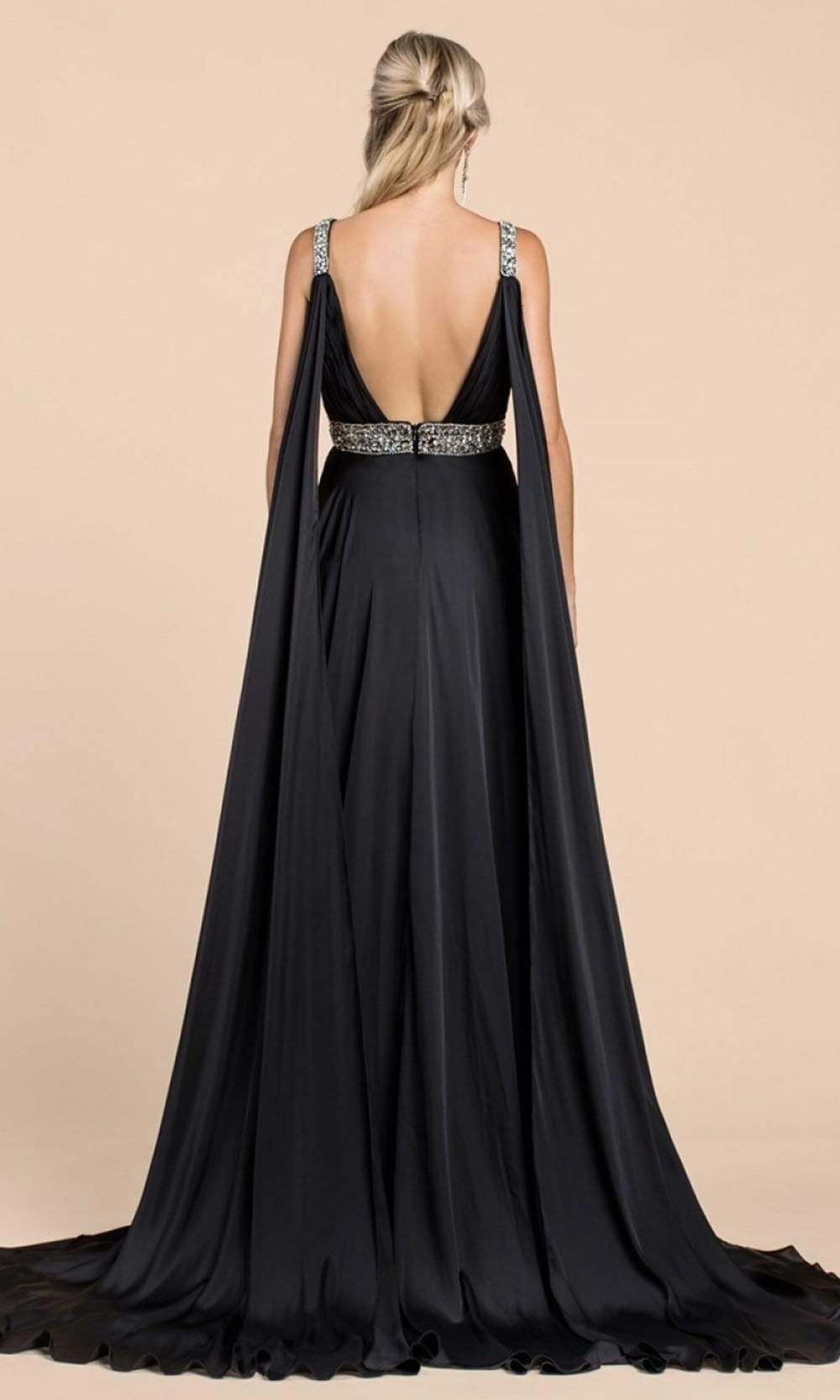 Cinderella Divine - A0065 Satin High Slit Caped Evening Gown - back view