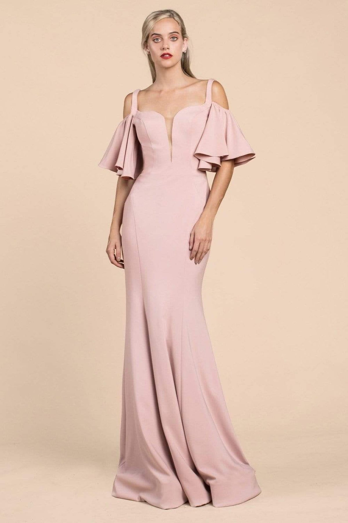 Cinderella Divine - A0079 Cold Off-Shoulder Flair Sleeves Mermaid Gown