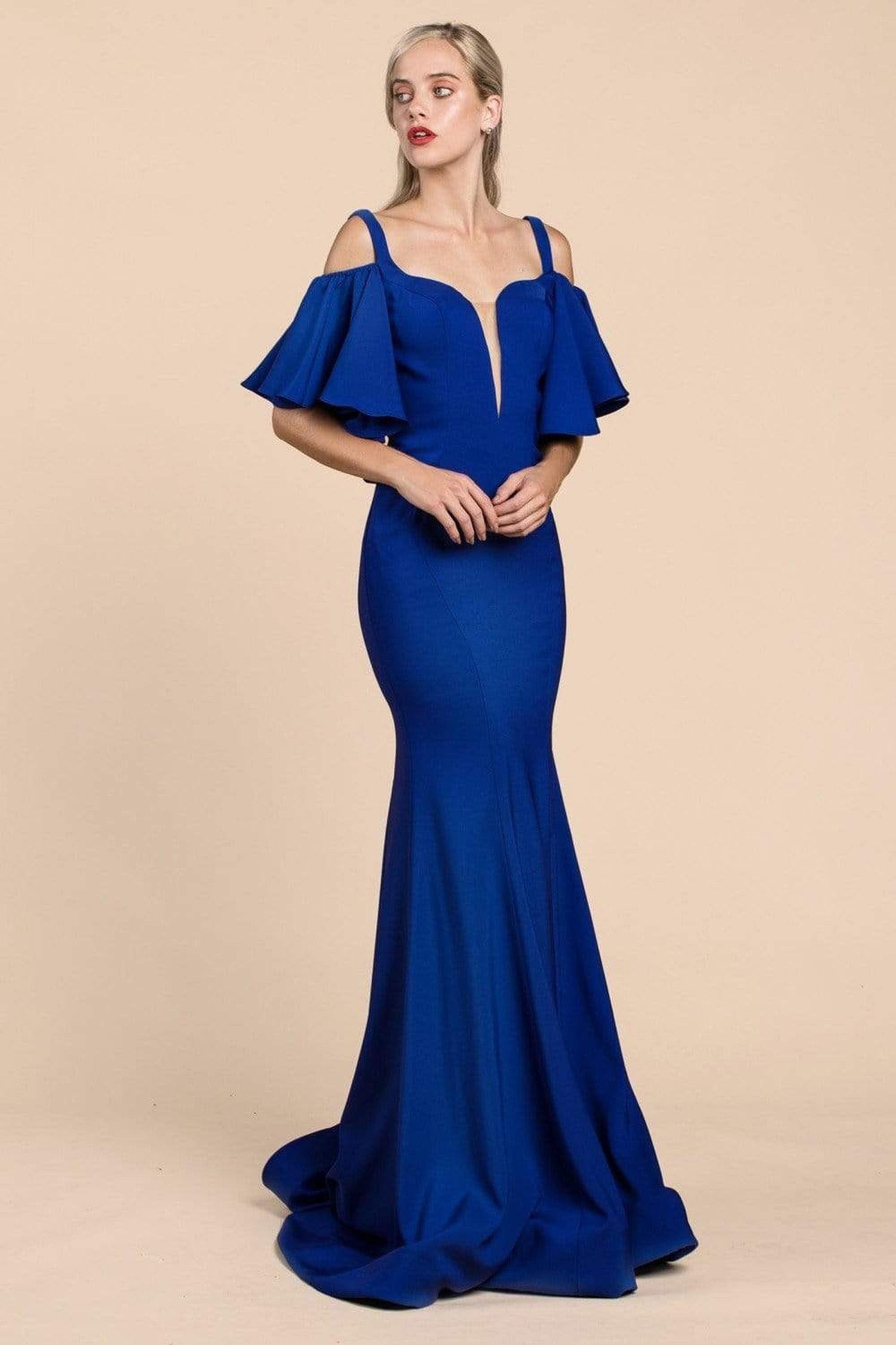 Cinderella Divine - A0079 Cold Off-Shoulder Flair Sleeves Mermaid Gown