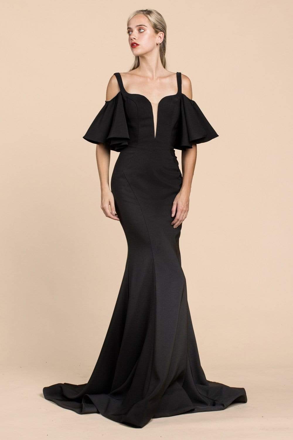 Cinderella Divine - A0079 Cold Off-Shoulder Flair Sleeves Mermaid Gown - designer evening gown at Silhouette Dresses