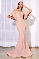 Cinderella Divine - A0079 Cold Off-Shoulder Flair Sleeves Mermaid Gown - back view
