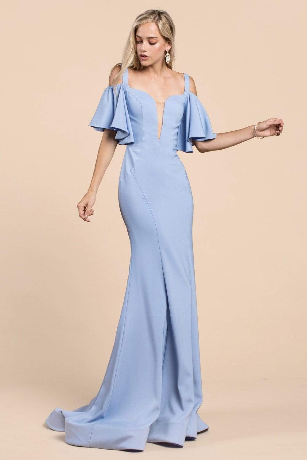 Cinderella Divine - A0079 Cold Off-Shoulder Flair Sleeves Mermaid Gown - view 6