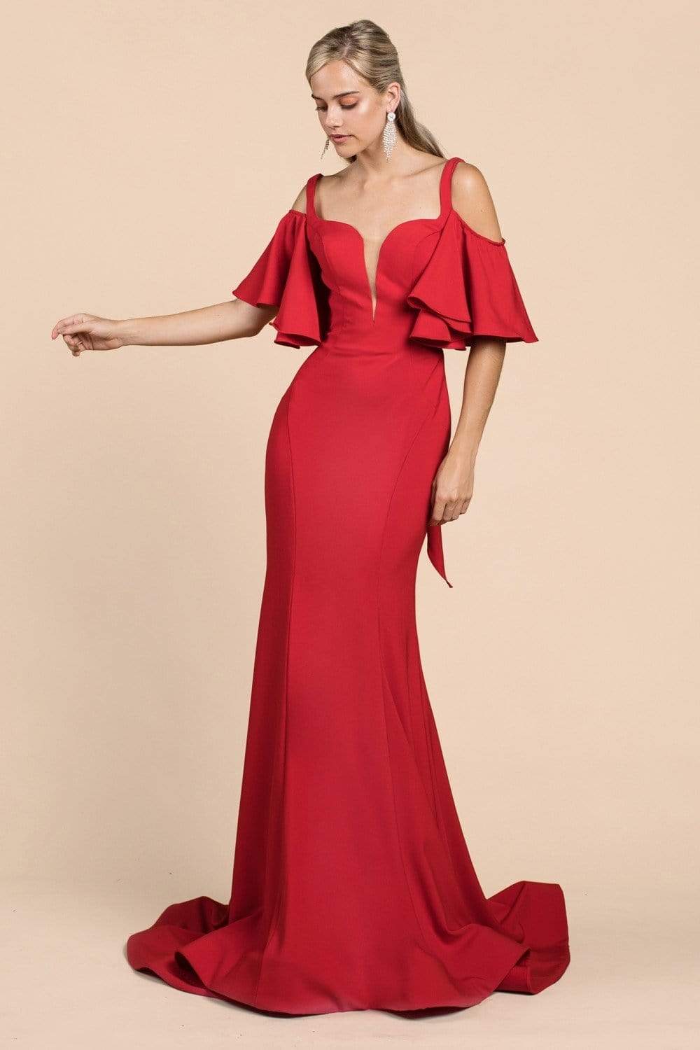 Cinderella Divine - A0079 Cold Off-Shoulder Flair Sleeves Mermaid Gown - view 8