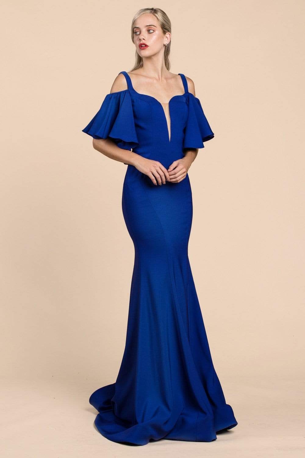 Cinderella Divine - A0079 Cold Off-Shoulder Flair Sleeves Mermaid Gown - view 9