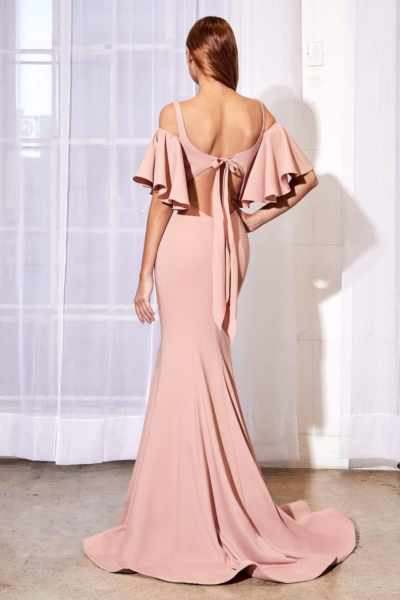 Cinderella Divine - A0079 Cold Off-Shoulder Flair Sleeves Mermaid Gown - detail view