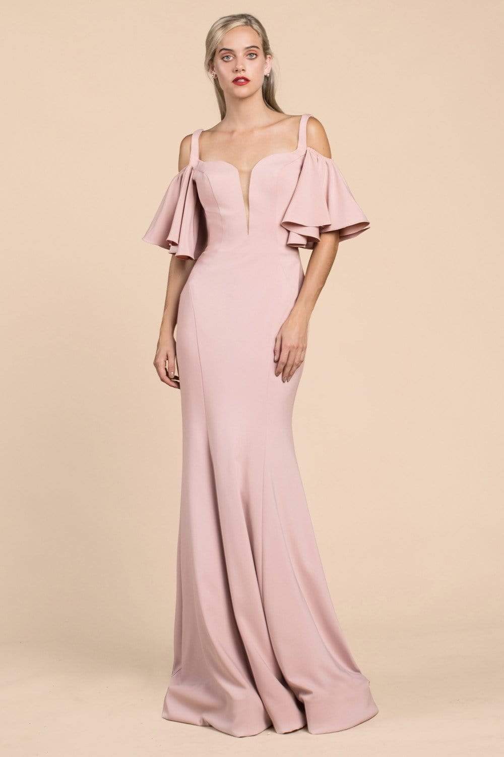 Cinderella Divine - A0079 Cold Off-Shoulder Flair Sleeves Mermaid Gown - view 4