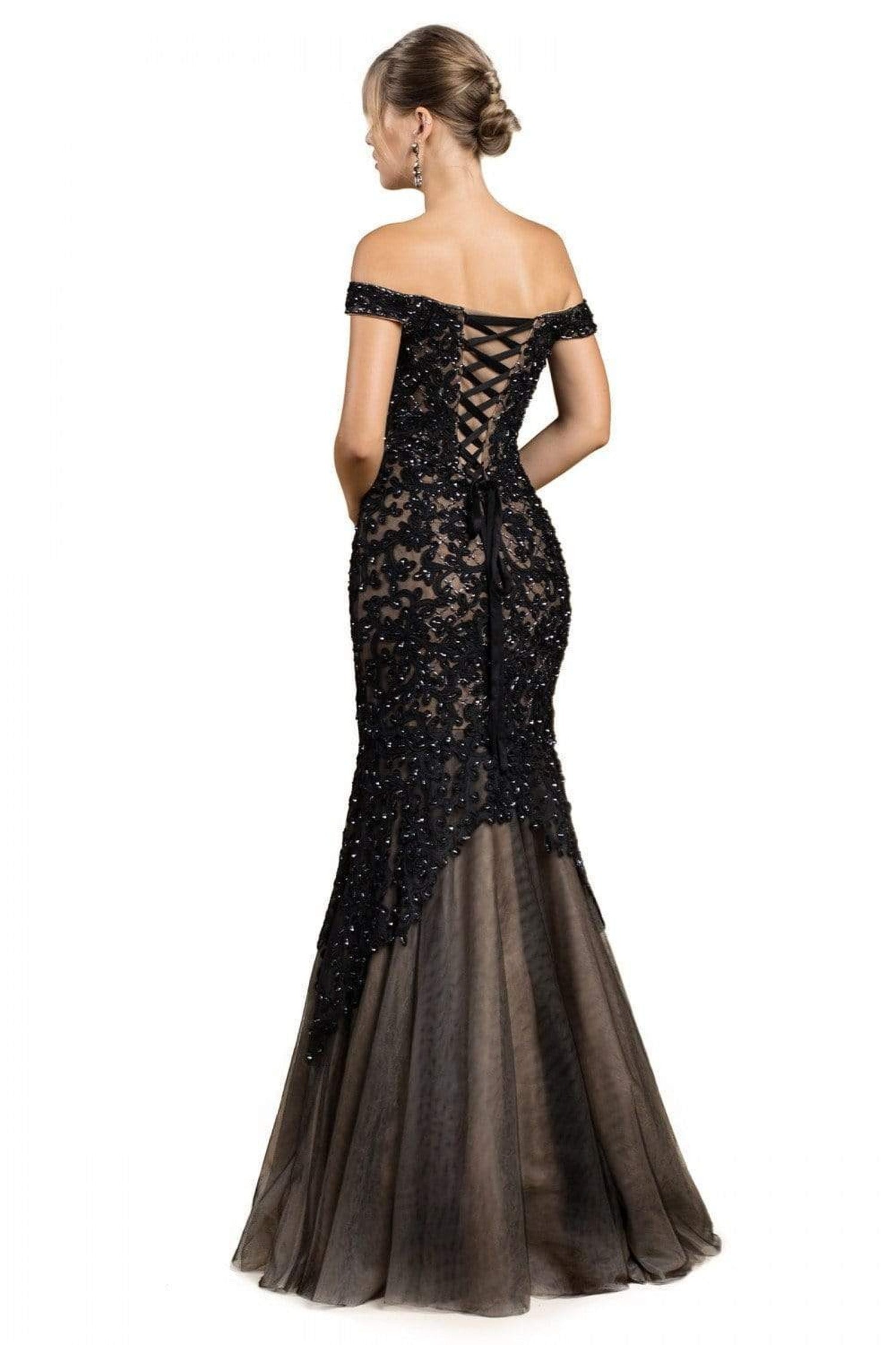 Cinderella Divine - A0401 Off Shoulder Lace Overlay Tulle Mermaid Gown