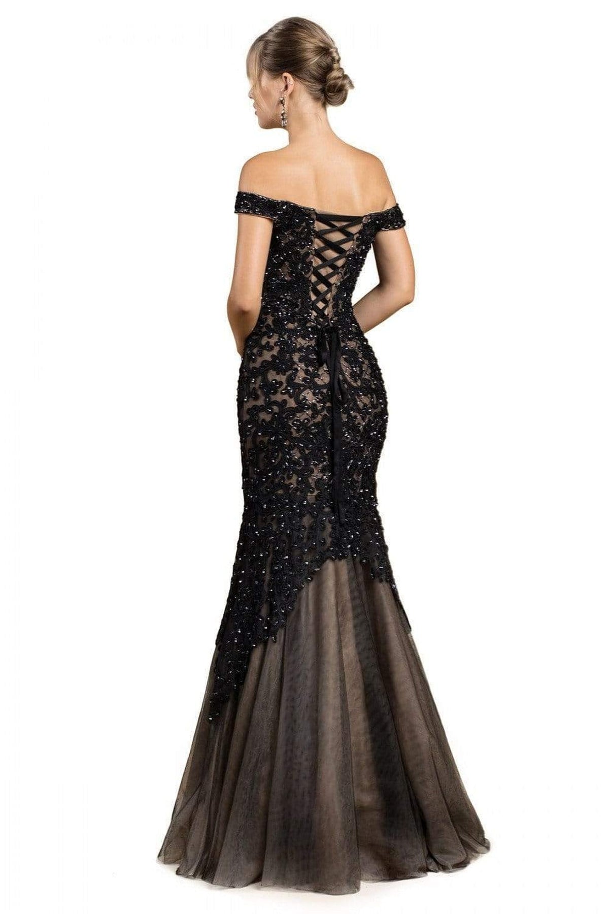Cinderella Divine - A0401 Off Shoulder Lace Overlay Tulle Mermaid Gown