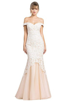 Cinderella Divine - A0401 Off Shoulder Lace Overlay Tulle Mermaid Gown