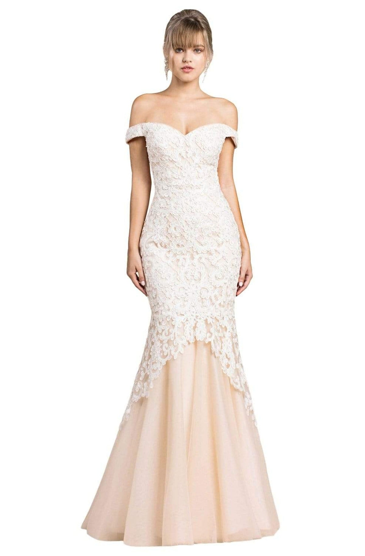 Cinderella Divine - A0401 Off Shoulder Lace Overlay Tulle Mermaid Gown
