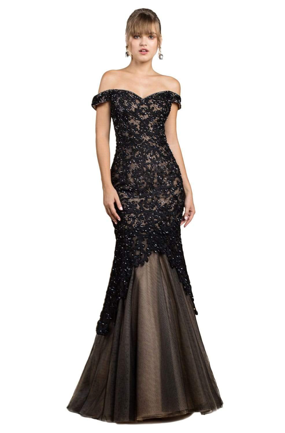 Cinderella Divine - A0401 Off Shoulder Lace Overlay Tulle Mermaid Gown - designer evening gown at Silhouette Dresses
