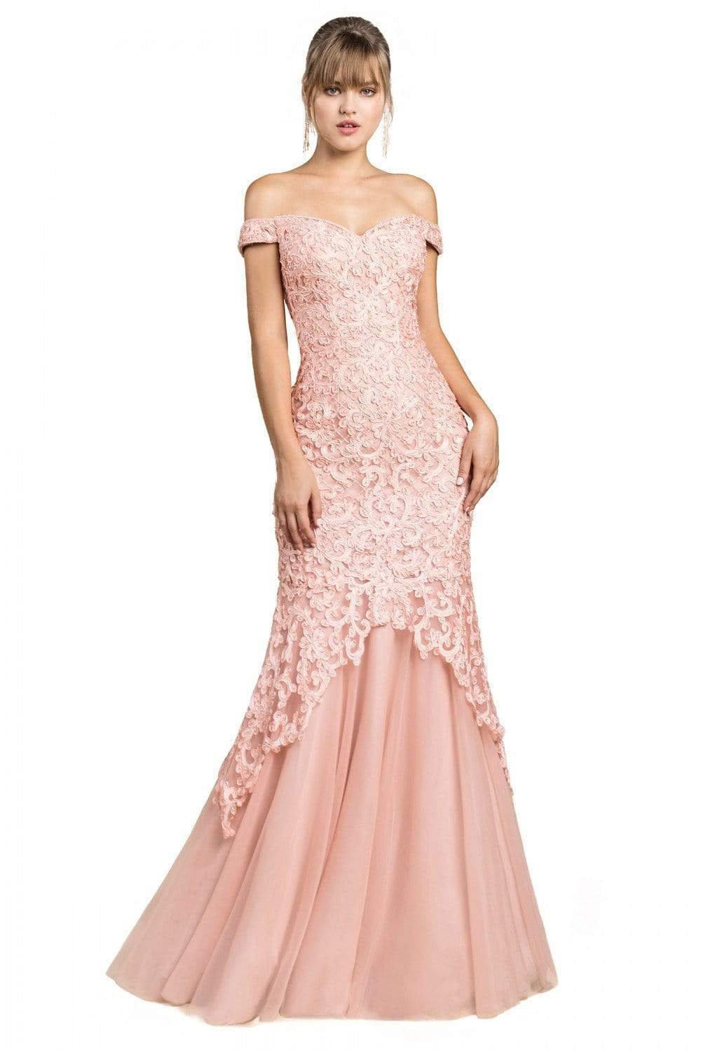 Cinderella Divine - A0401 Off Shoulder Lace Overlay Tulle Mermaid Gown - detail view