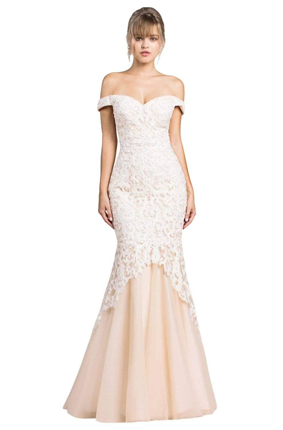 Cinderella Divine - A0401 Off Shoulder Lace Overlay Tulle Mermaid Gown - view 7