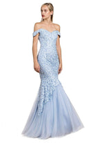Cinderella Divine - A0401 Off Shoulder Lace Overlay Tulle Mermaid Gown - view 9