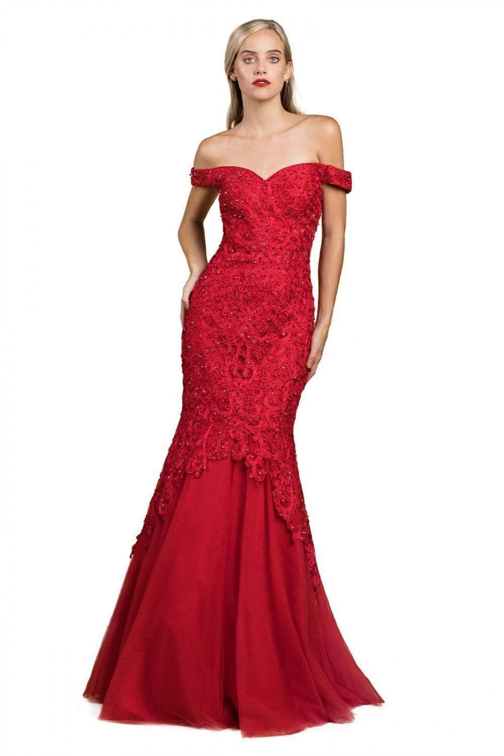 Cinderella Divine - A0401 Off Shoulder Lace Overlay Tulle Mermaid Gown - view 10