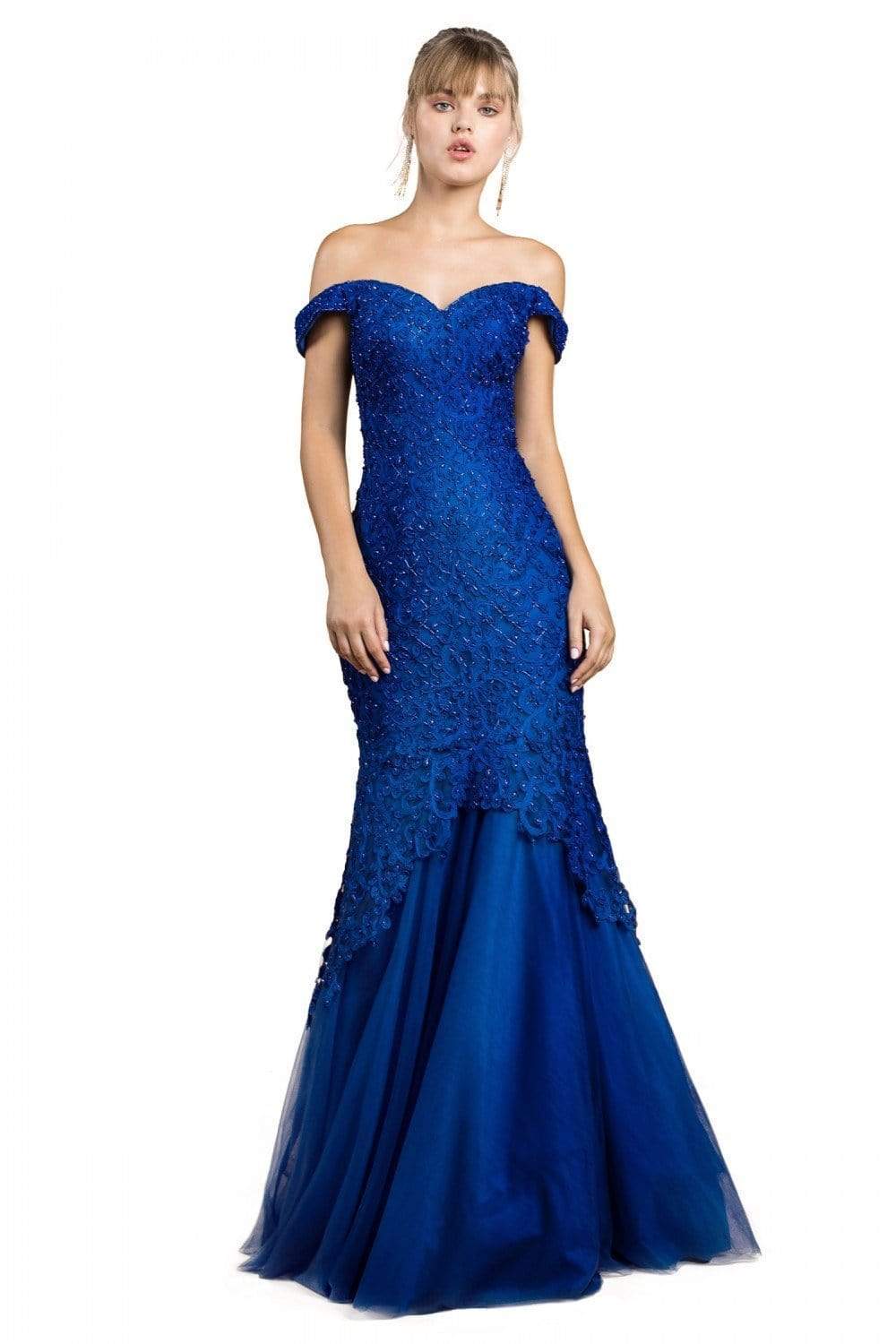Cinderella Divine - A0401 Off Shoulder Lace Overlay Tulle Mermaid Gown - view 11
