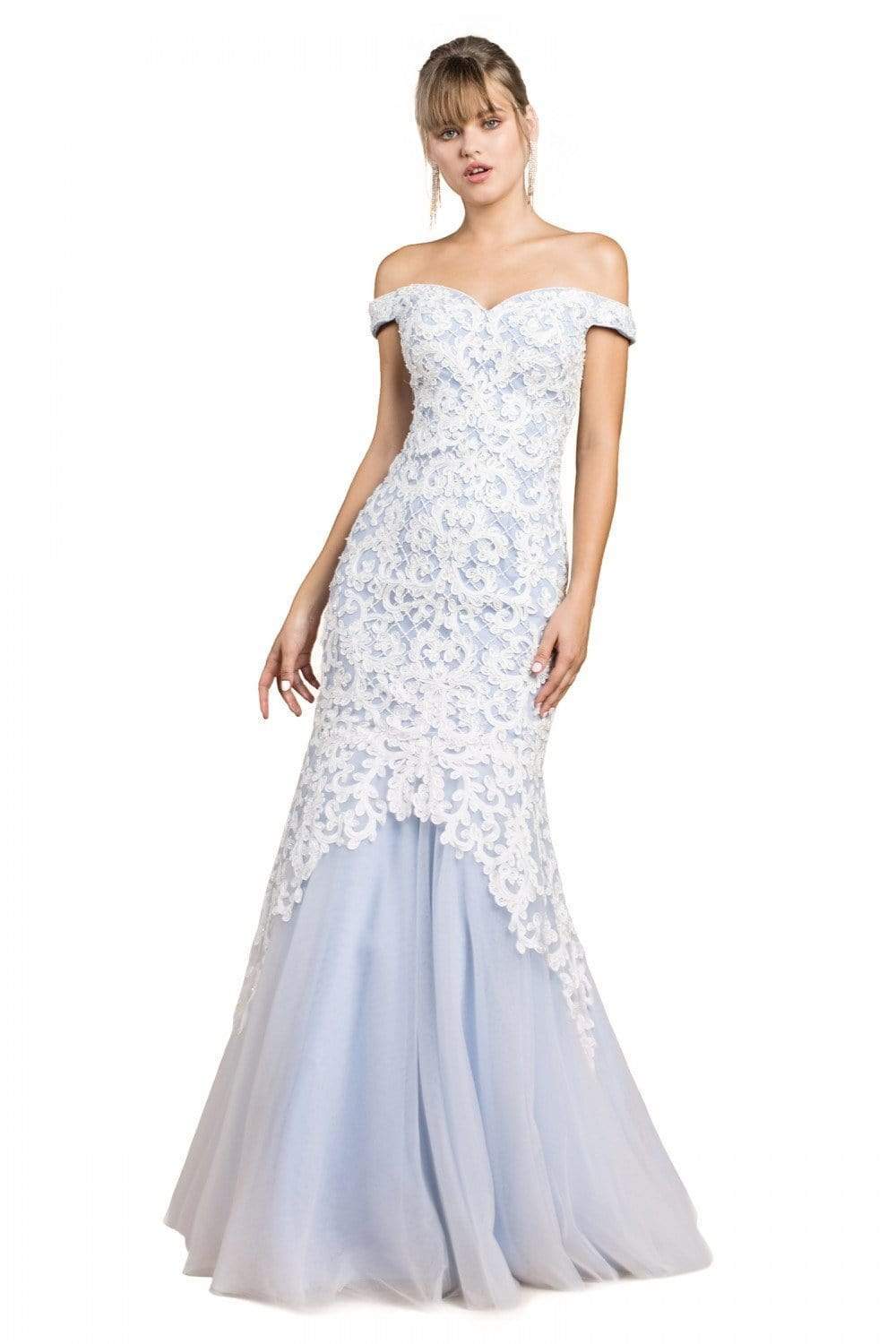 Cinderella Divine - A0401 Off Shoulder Lace Overlay Tulle Mermaid Gown - view 12