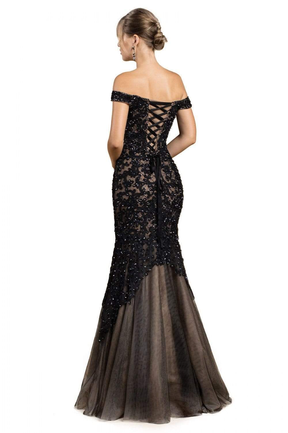 Cinderella Divine - A0401 Off Shoulder Lace Overlay Tulle Mermaid Gown - back view