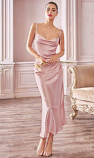 Cinderella Divine - BD103 Cowl Neck Satin Sheath Tea-Length Dress