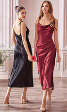Cinderella Divine - BD103 Cowl Neck Satin Sheath Tea-Length Dress - Silhouette Dresses