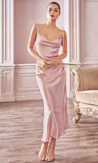 Cinderella Divine - BD103 Cowl Neck Satin Sheath Tea-Length Dress - view 4