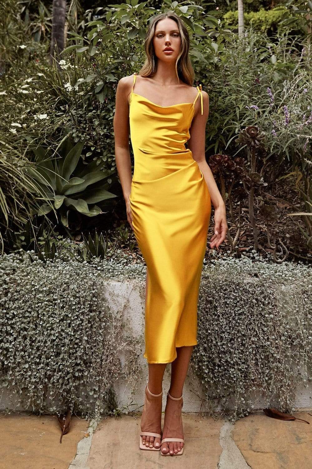 Cinderella Divine - BD103 Cowl Neck Satin Sheath Tea-Length Dress - view 14