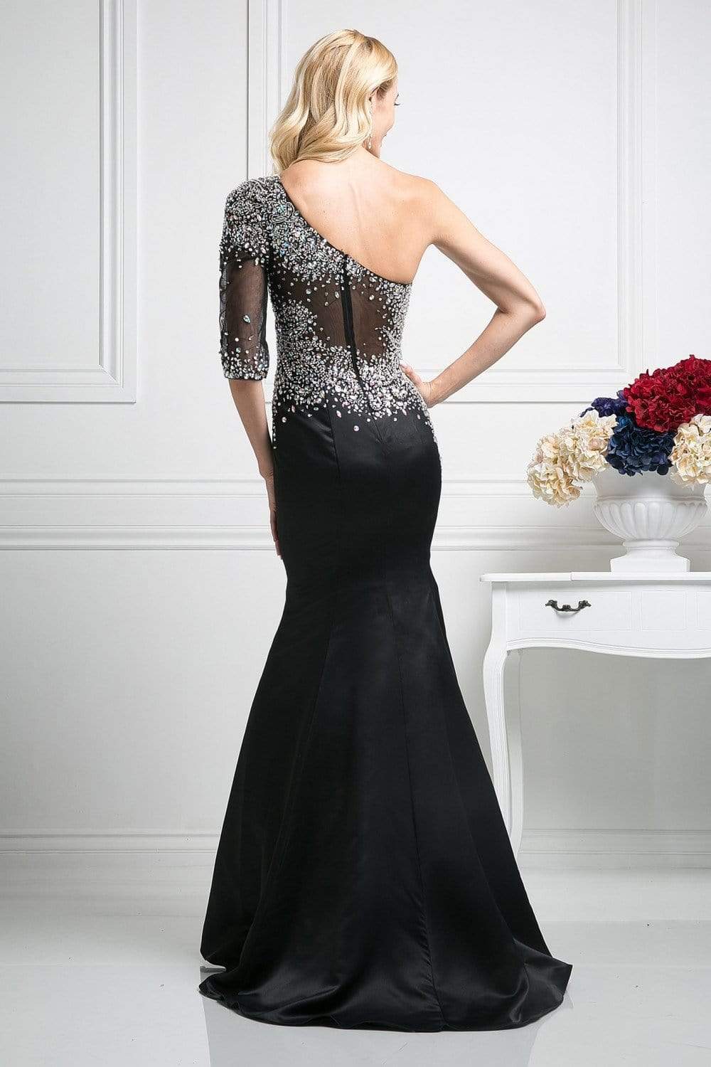 Cinderella Divine - Beaded Asymmetric Neck Trumpet Dress - back view