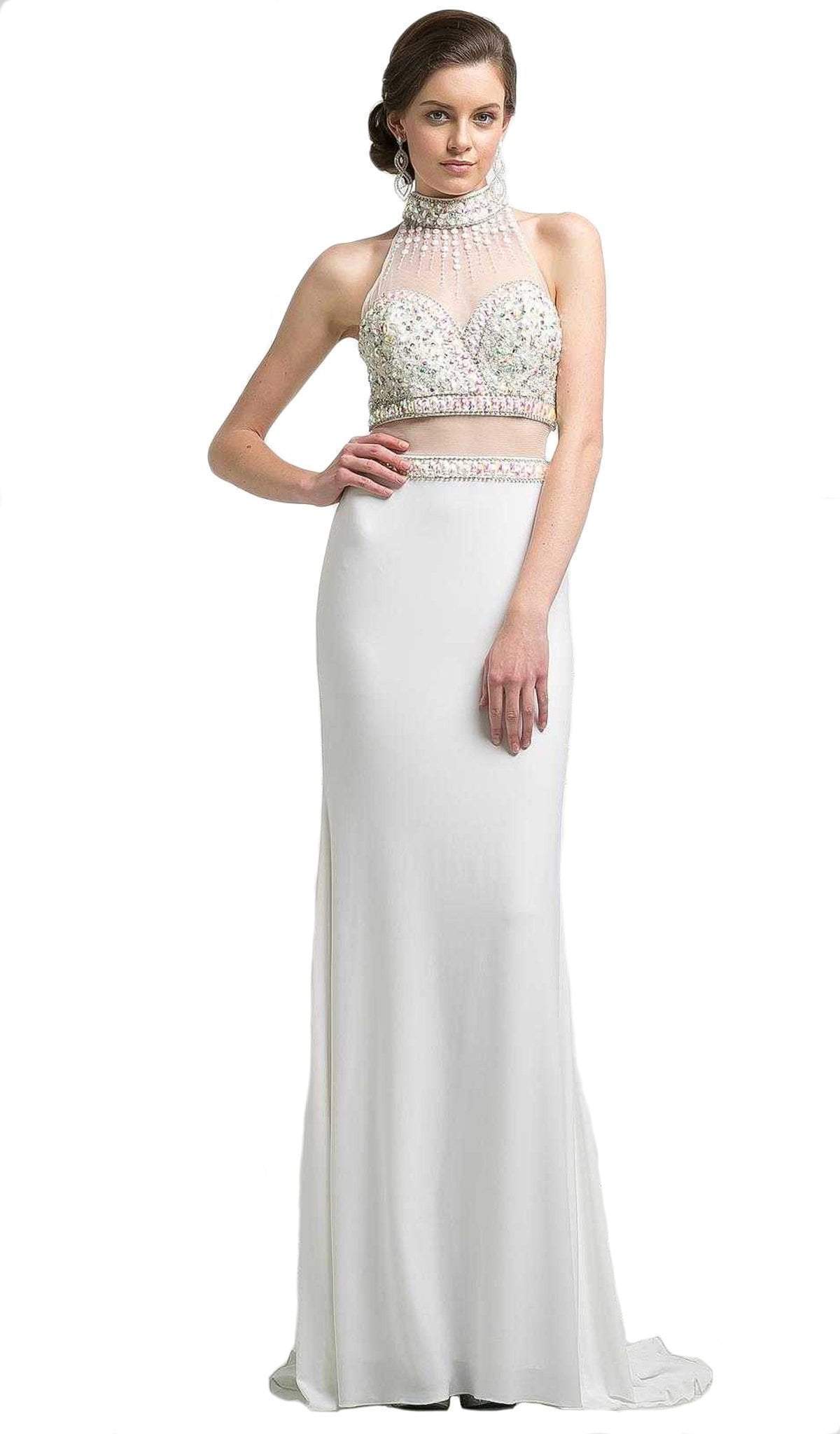 Cinderella Divine - Beaded High Neck Faux Two-Piece Sheath Evening Gown - designer evening gown at Silhouette Dresses