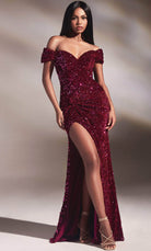 Cinderella Divine CA109 - Off-Shoulder with Sequins and Knot Detail Prom Dress - designer prom dress at Silhouette Dresses