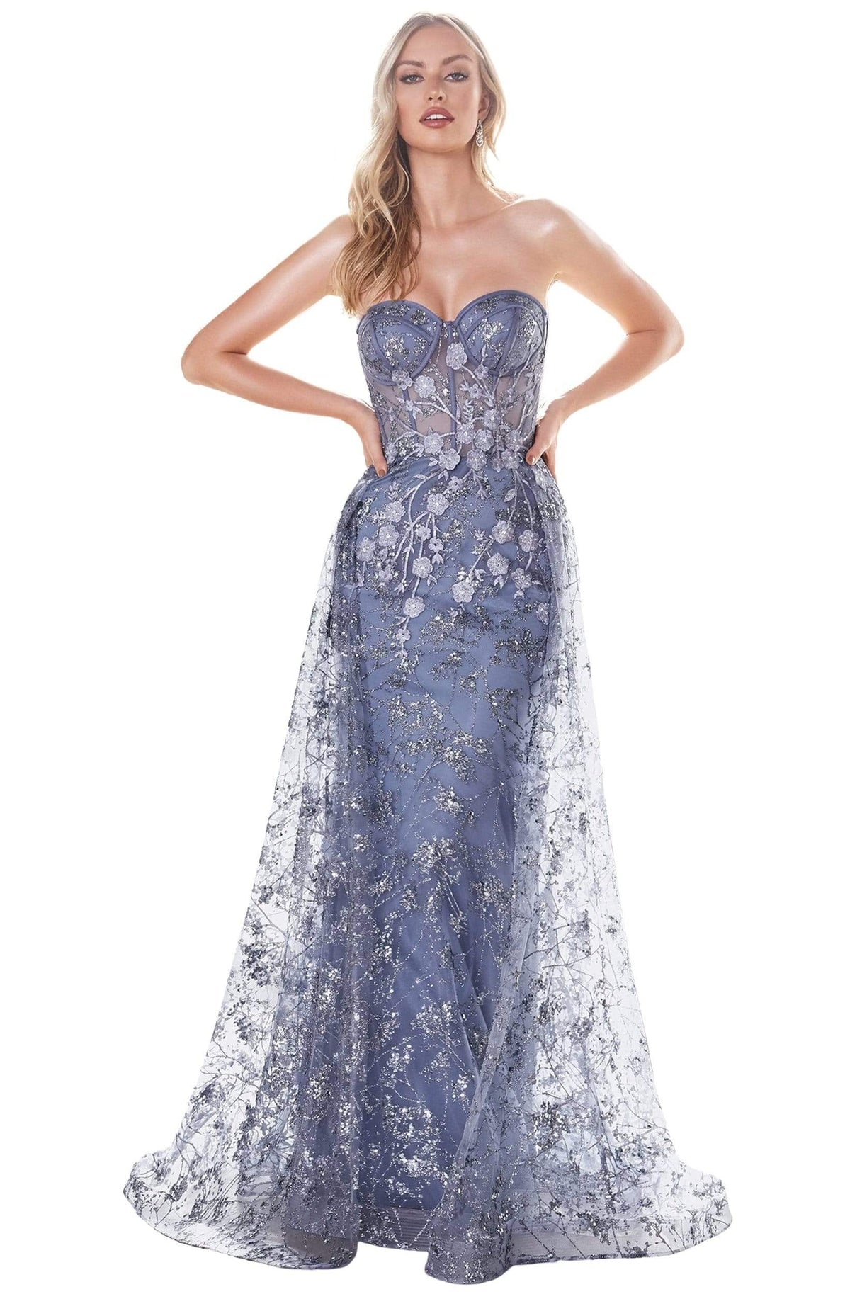 Cinderella Divine - CB046 Floral Appliqued Bustier Overskirt Gown - Silhouette Dresses